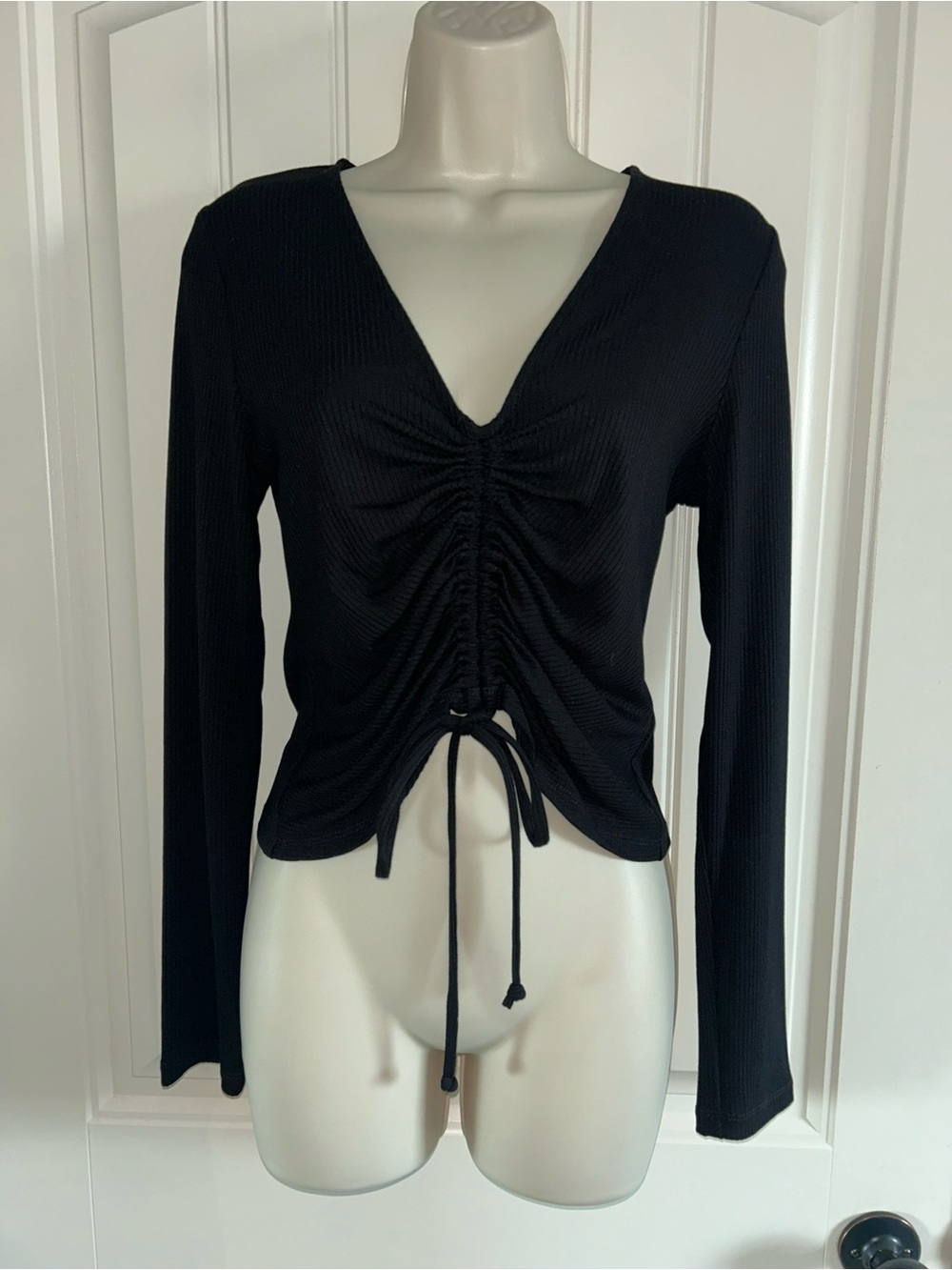 NEW Fifteen Twenty Black Ruched Drawstring V-Neck Long Sleeve Top Sz S